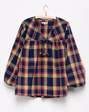 Madhuri L/S Peasant Top in Navy Madras Plaid