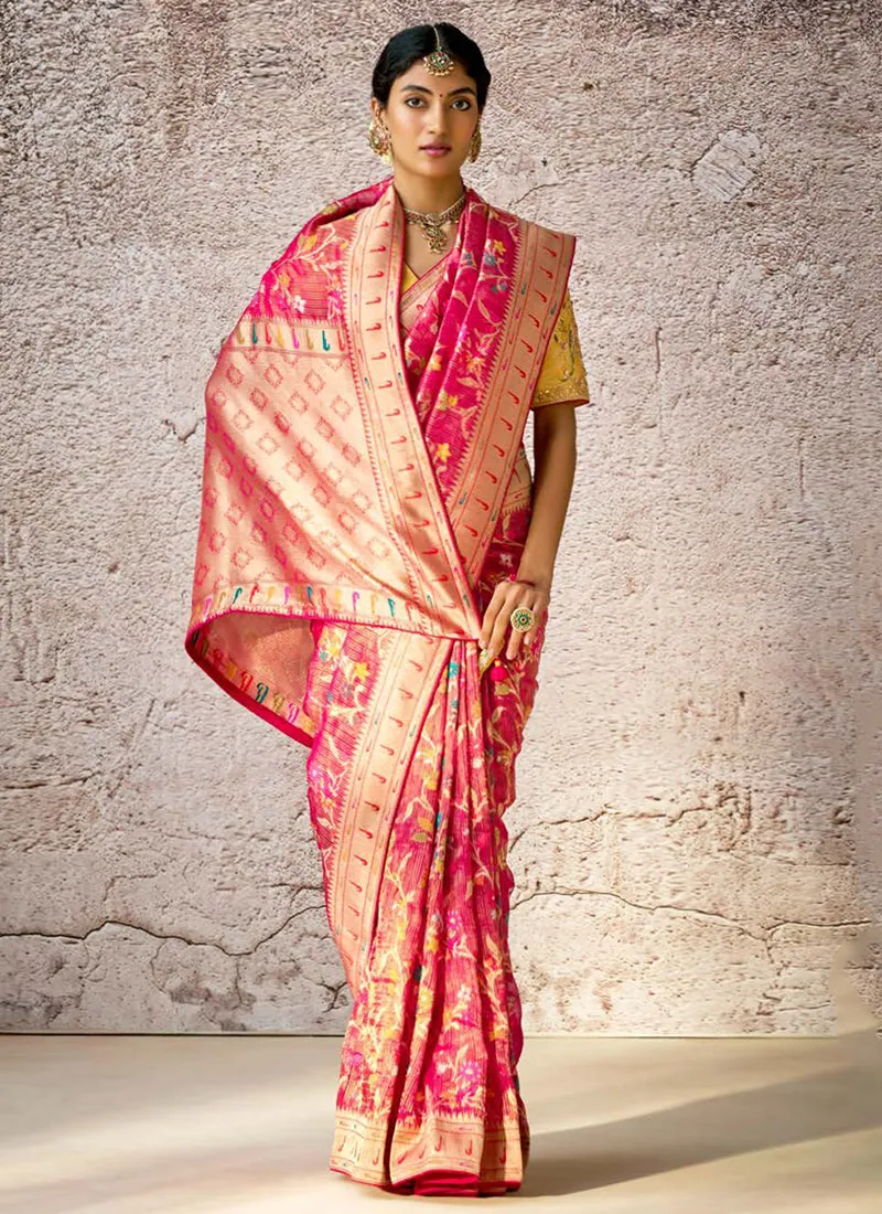 Magenta And Yellow Floral Kora Banarasi Silk Saree