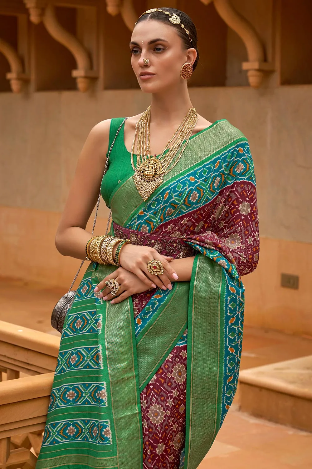 Mahogany Red & Green Pure Dola Silk Designer Patola Saree