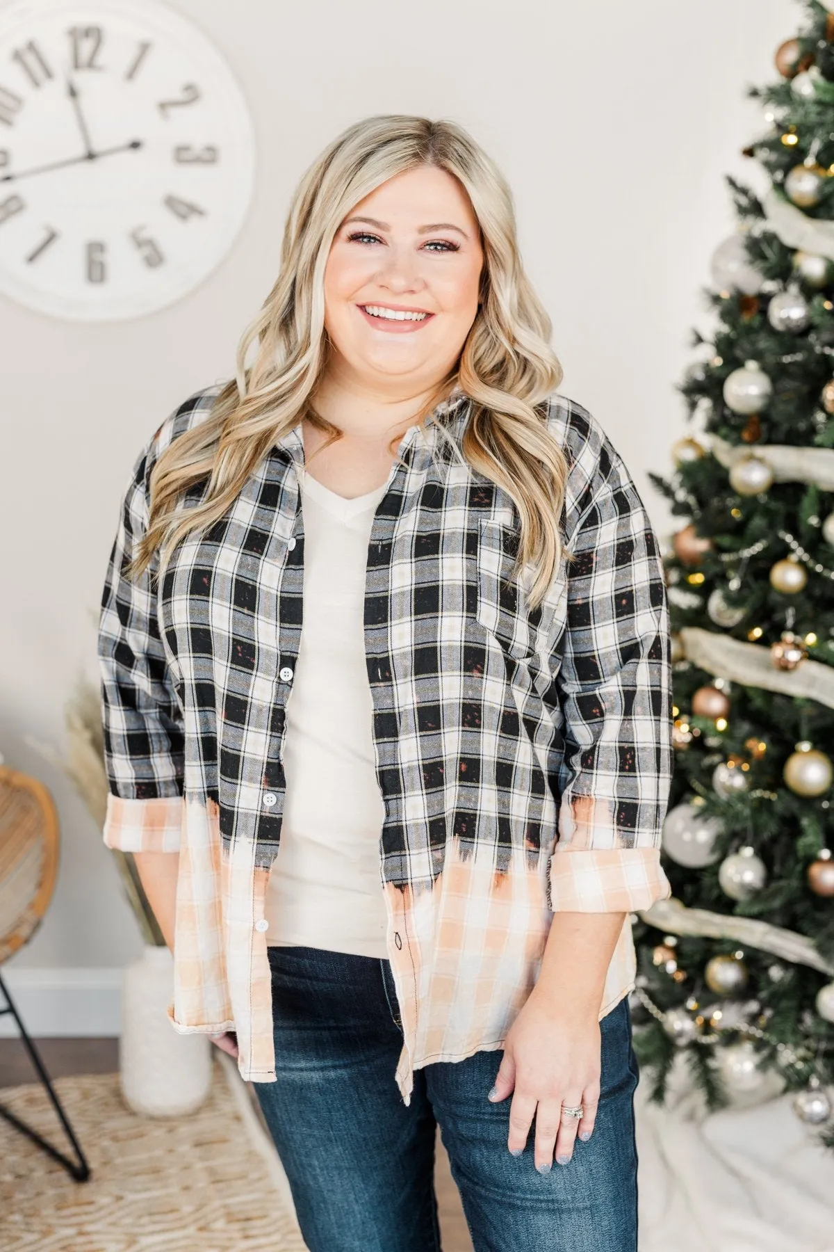 Make Them Look Bleach Dipped Plaid Top- Black