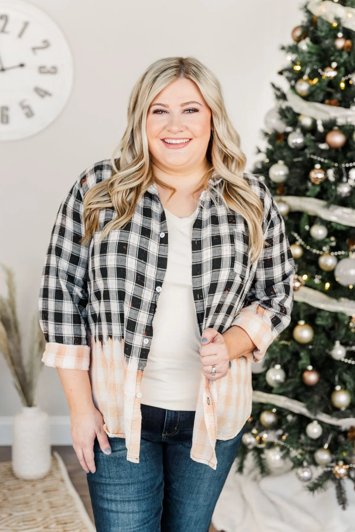 Make Them Look Bleach Dipped Plaid Top- Black