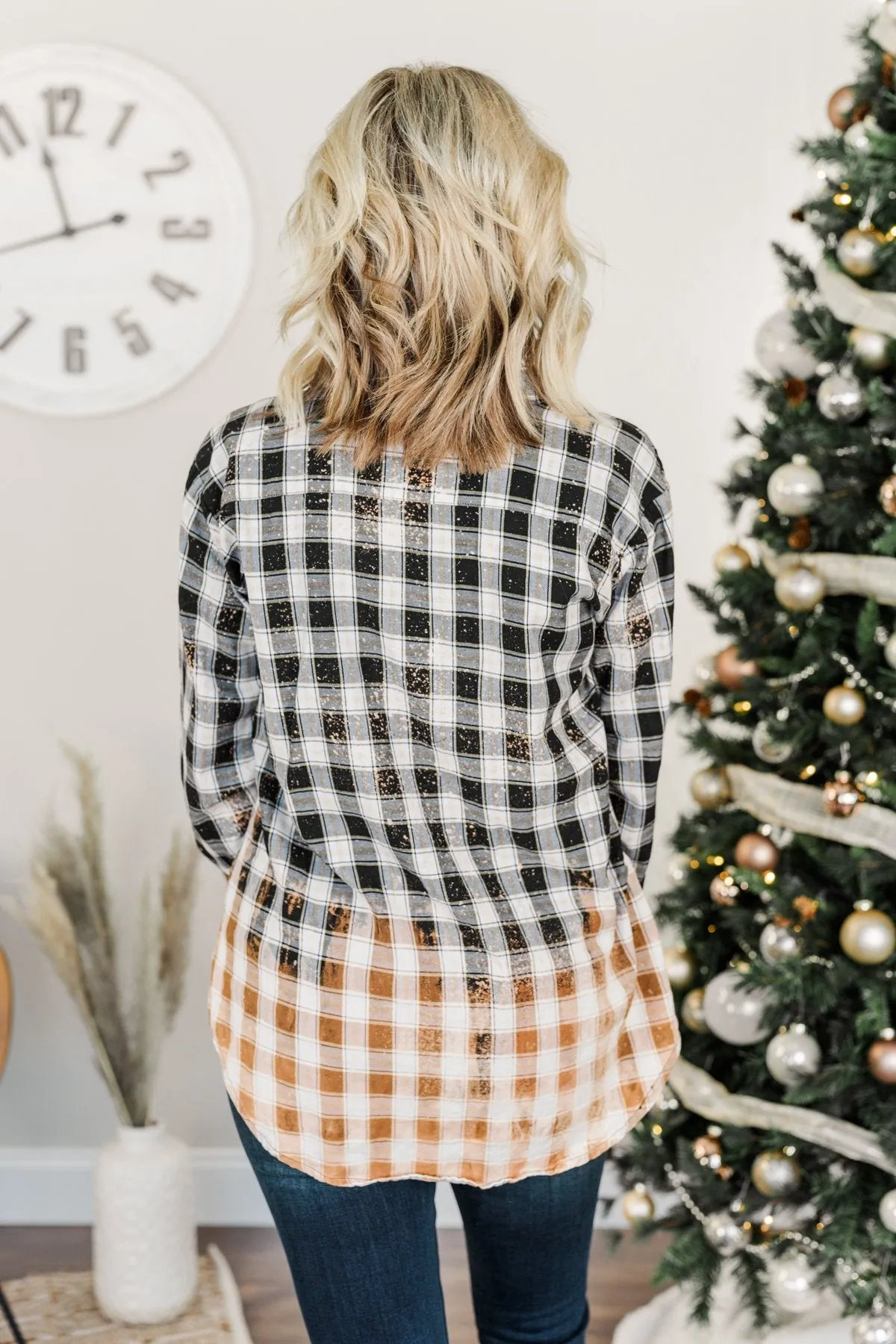 Make Them Look Bleach Dipped Plaid Top- Black