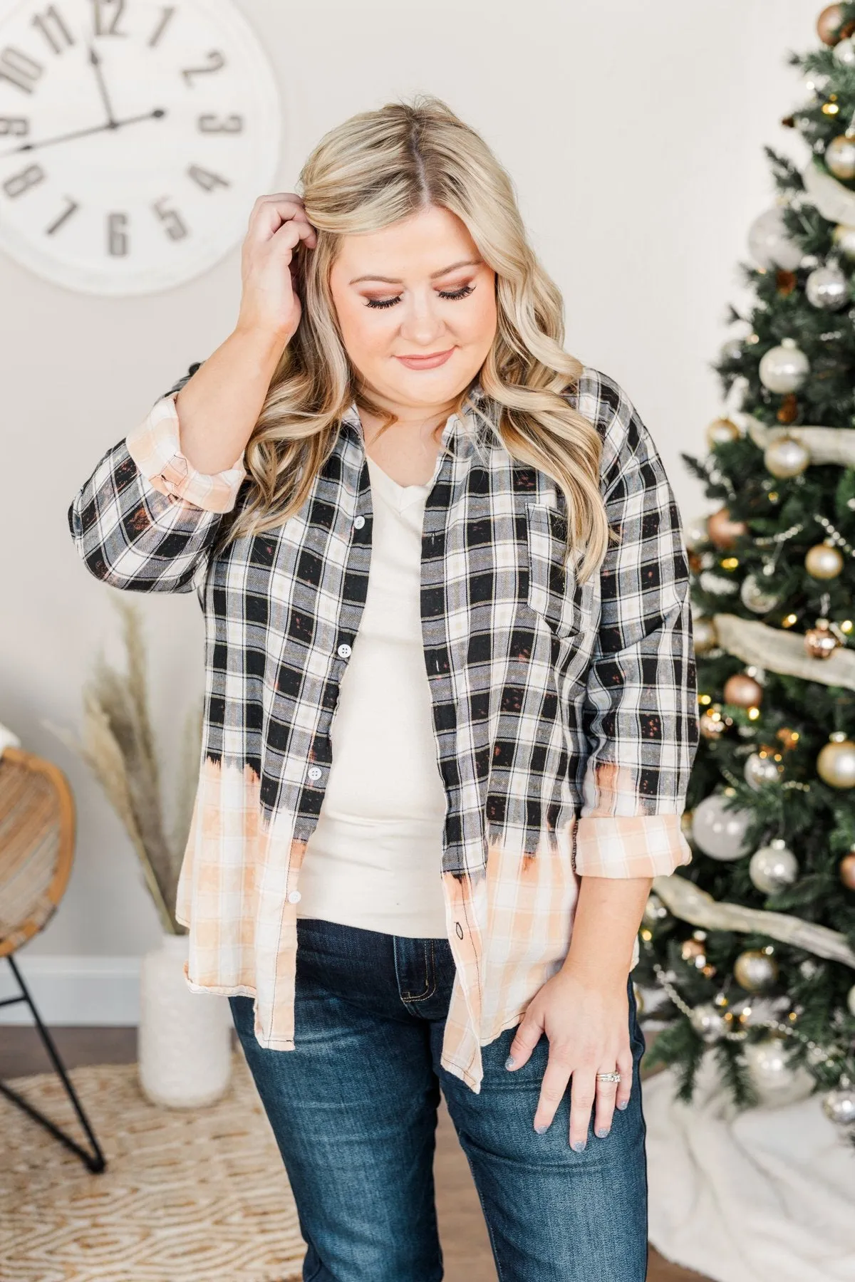 Make Them Look Bleach Dipped Plaid Top- Black