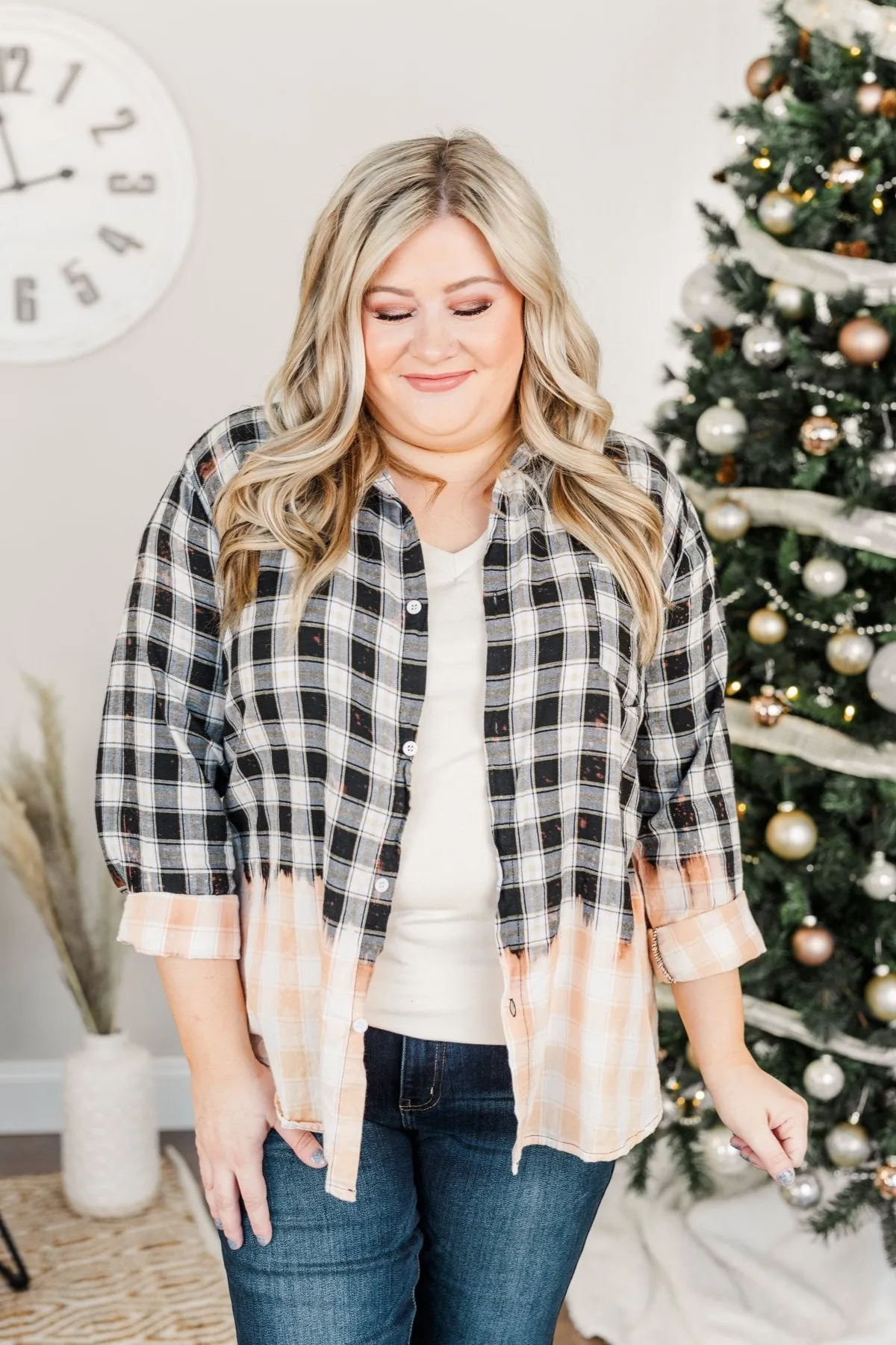 Make Them Look Bleach Dipped Plaid Top- Black