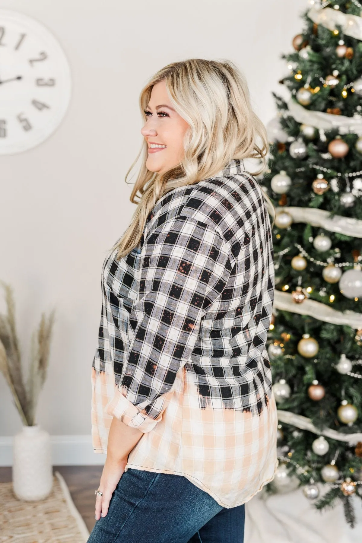 Make Them Look Bleach Dipped Plaid Top- Black