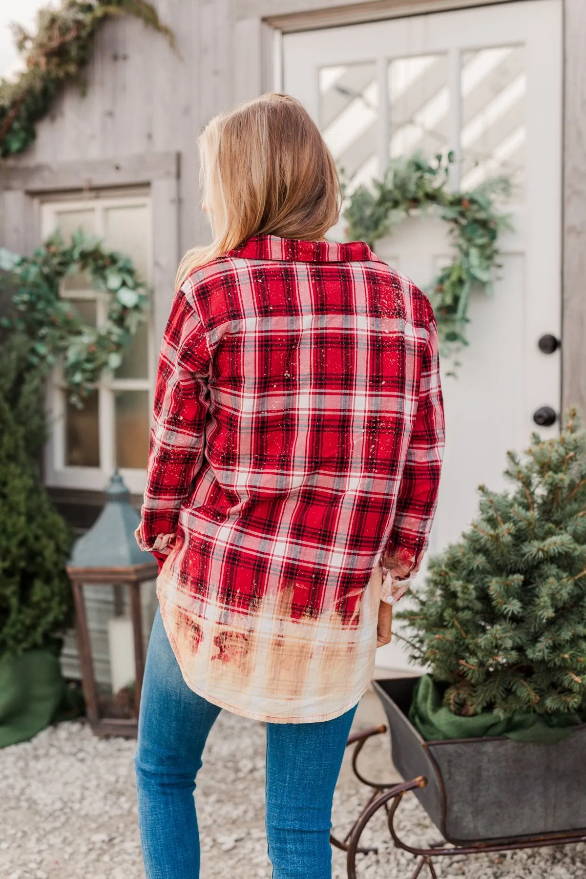Make Them Look Bleach Dipped Plaid Top- Red