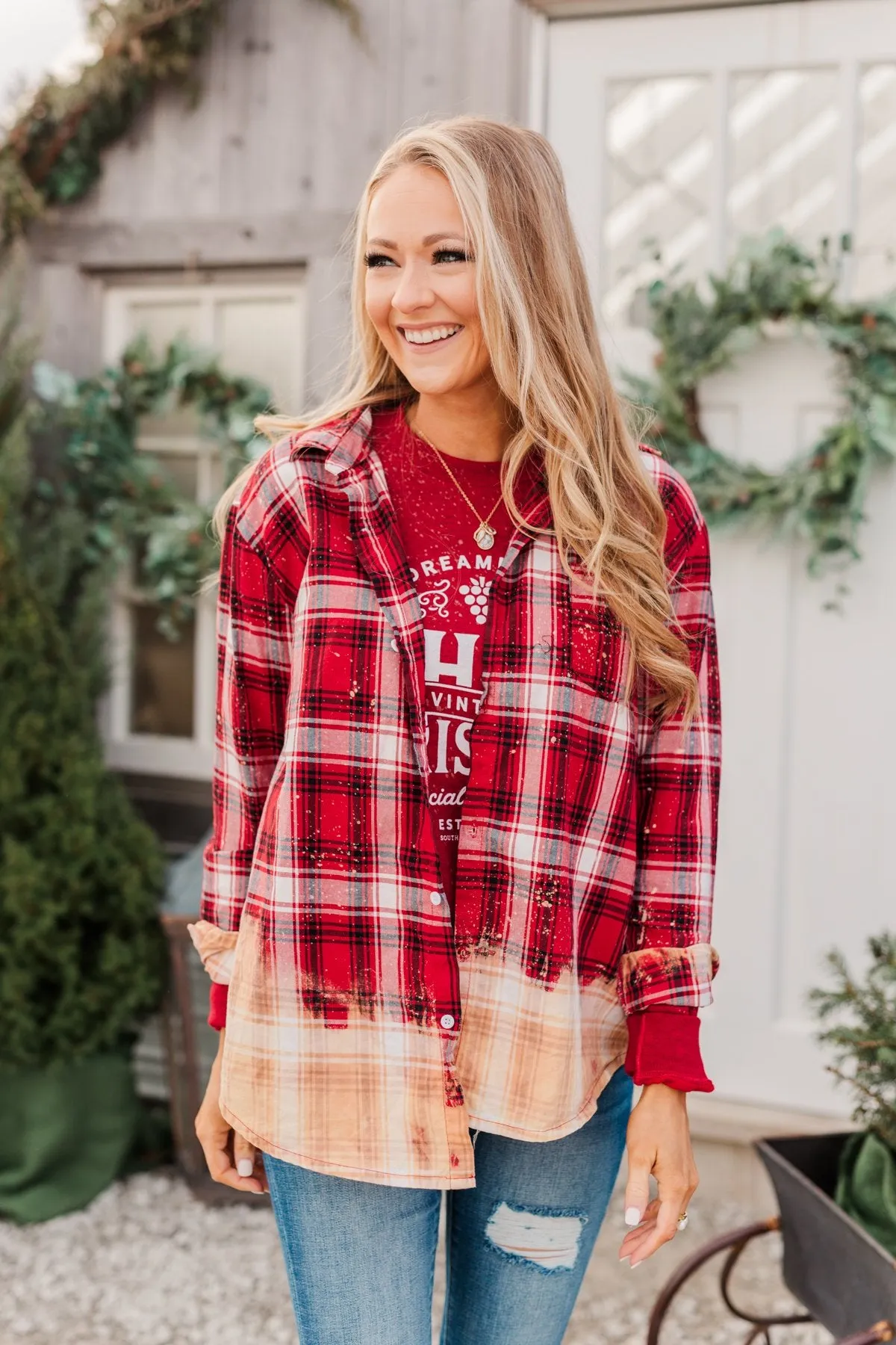 Make Them Look Bleach Dipped Plaid Top- Red