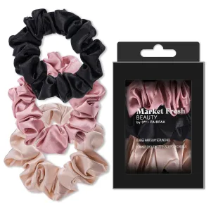 Market Fresh Beauty Silk Hair Scrunchies, 3 Pack - Large Silk Scrunchies for All Hair Types, Prevents Hair Breakage & Crease-Free Styling - Luxurious Soft Pink, Beige, and Black