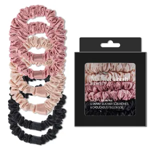Market Fresh Beauty Silk Skinny Hair Scrunchies, 6 Pack - Silk Hair Ties for All Hair Types, Prevents Hair Breakage & Crease-Free Hold - Elegant Beige, Blush Pink, Black