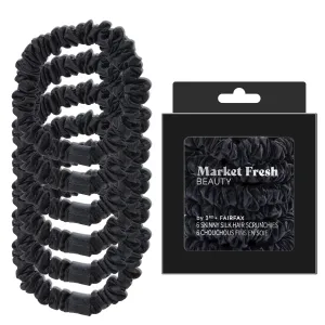 Market Fresh Beauty Silk Skinny Hair Scrunchies, 6 Pack - Silk Hair Ties for All Hair Types, Prevents Hair Breakage & Crease-Free Hold - Elegant Black