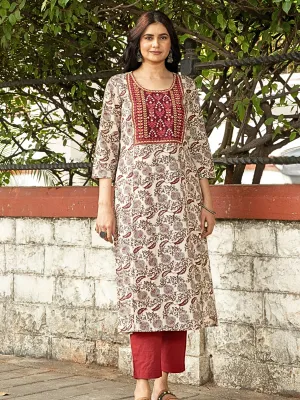 Maroon Paisley Print Kurta with Yoke Embroidery