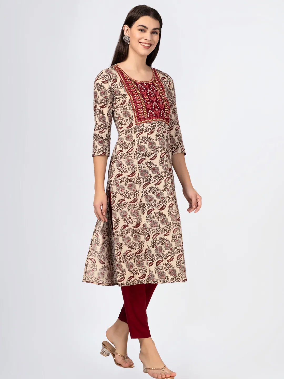 Maroon Paisley Print Kurta with Yoke Embroidery