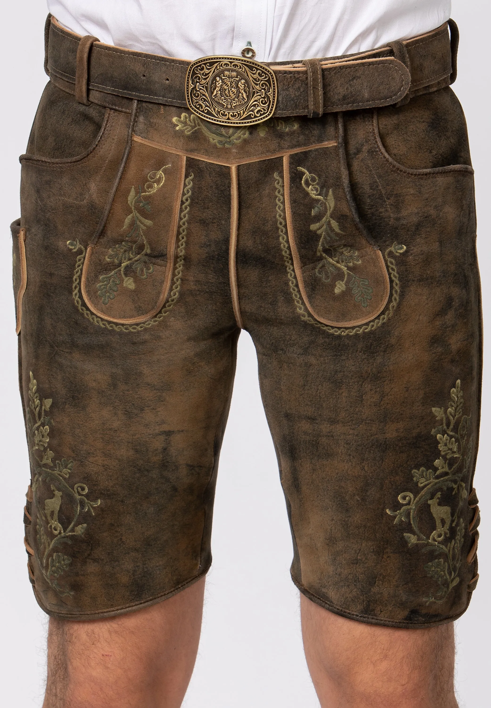 Men's Lederhosen "Leonardo" with Belt Dark Brown w/green (52) closeout