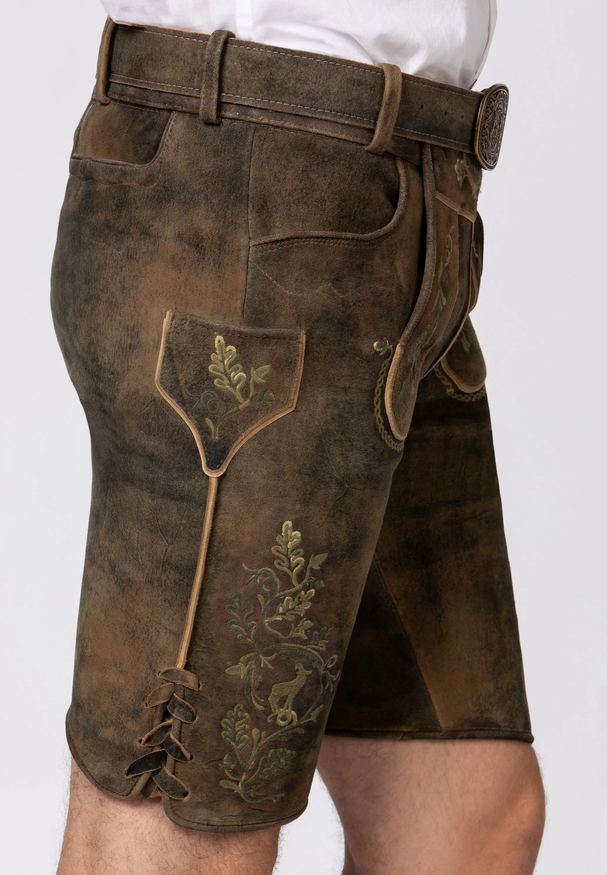 Men's Lederhosen "Leonardo" with Belt Dark Brown w/green (52) closeout