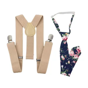 Millie Blue Floral Cotton Boy’s Tie and Beige Braces Set