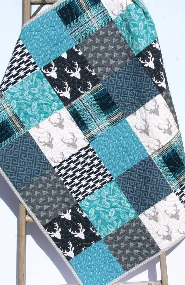 Modern Boy Quilt Teal Navy Blue Deer Buck Plaid Baby Toddler Woodland