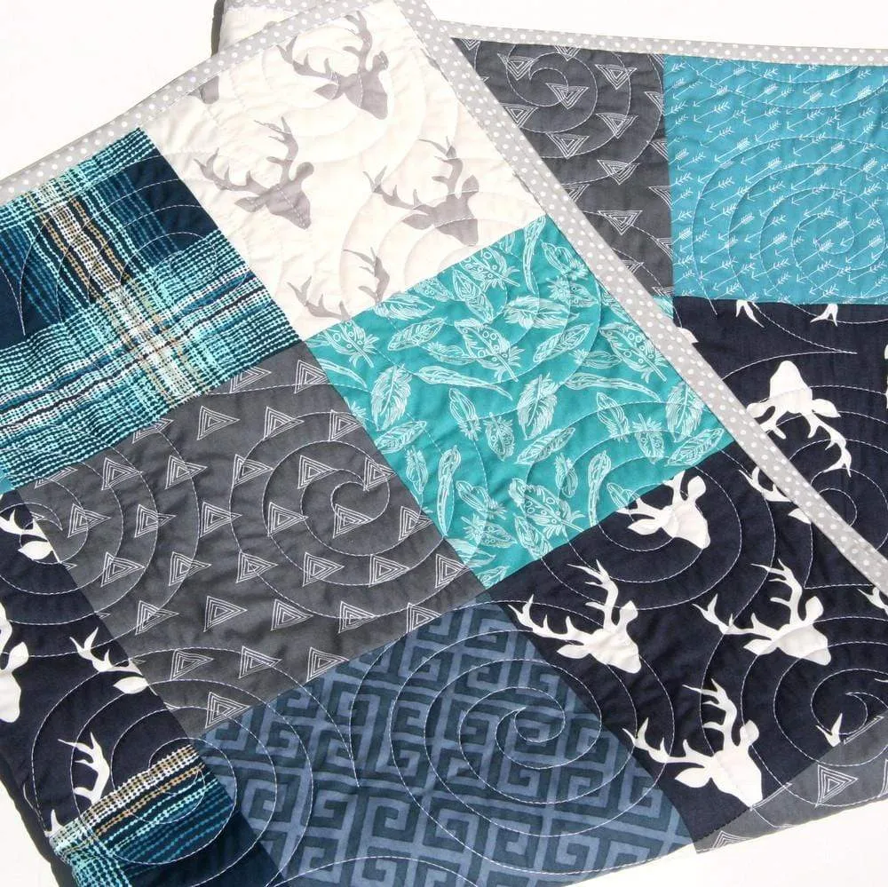 Modern Boy Quilt Teal Navy Blue Deer Buck Plaid Baby Toddler Woodland