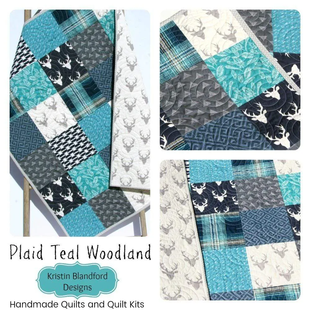 Modern Boy Quilt Teal Navy Blue Deer Buck Plaid Baby Toddler Woodland