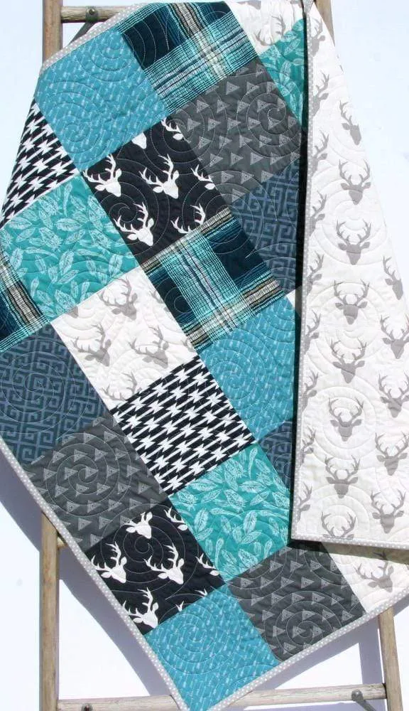 Modern Boy Quilt Teal Navy Blue Deer Buck Plaid Baby Toddler Woodland
