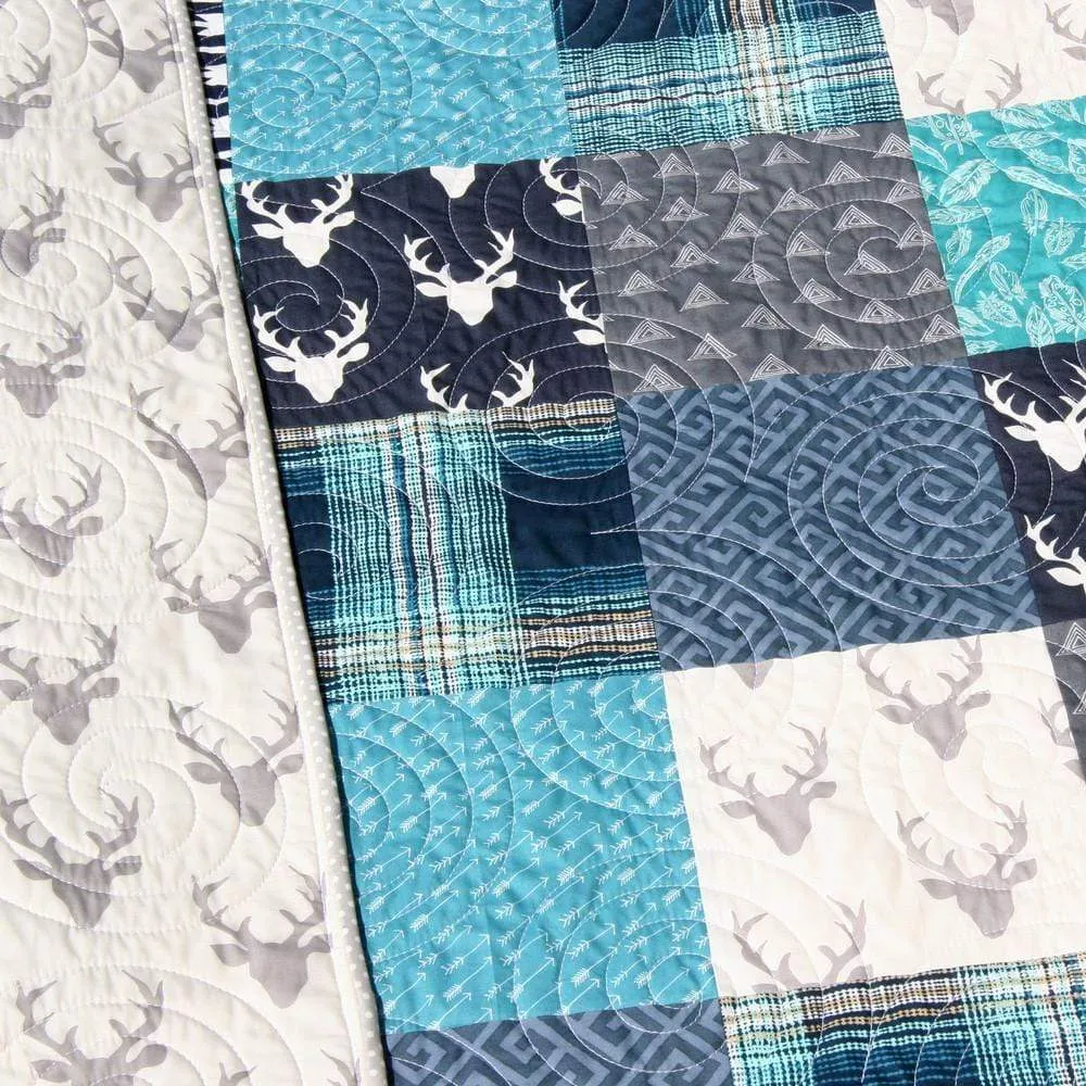 Modern Boy Quilt Teal Navy Blue Deer Buck Plaid Baby Toddler Woodland