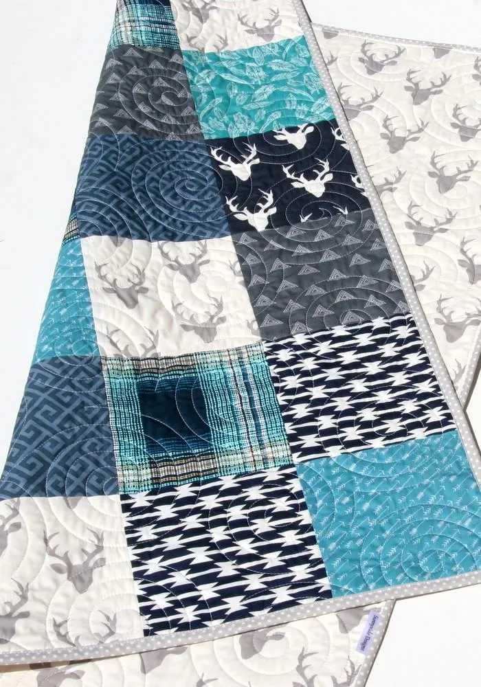 Modern Boy Quilt Teal Navy Blue Deer Buck Plaid Baby Toddler Woodland