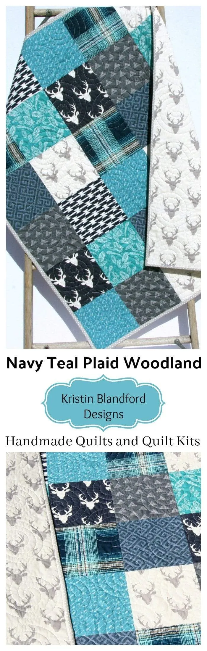 Modern Boy Quilt Teal Navy Blue Deer Buck Plaid Baby Toddler Woodland