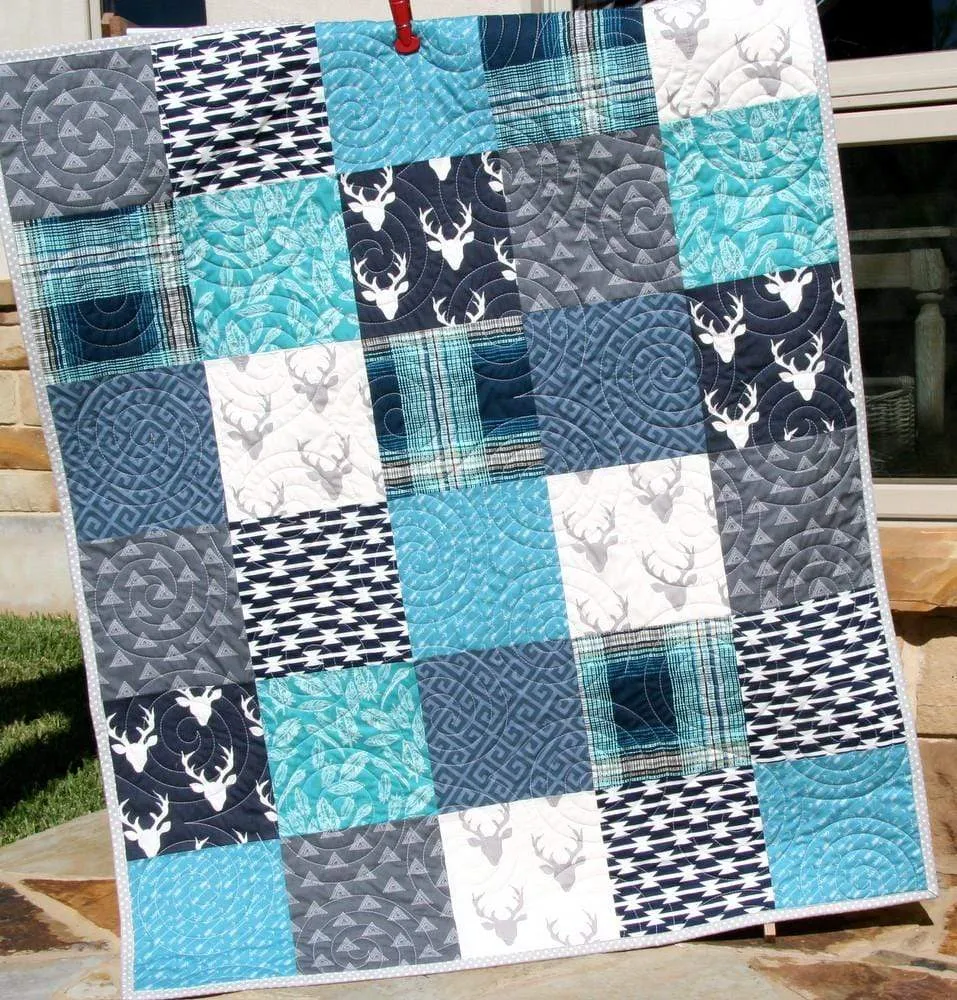 Modern Boy Quilt Teal Navy Blue Deer Buck Plaid Baby Toddler Woodland