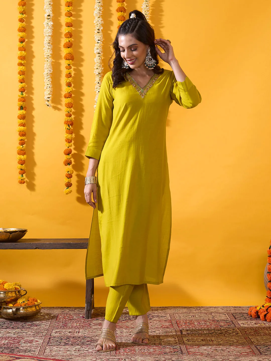 Mustard  Silk Suit Set with Contrast Dupatta - Zola
