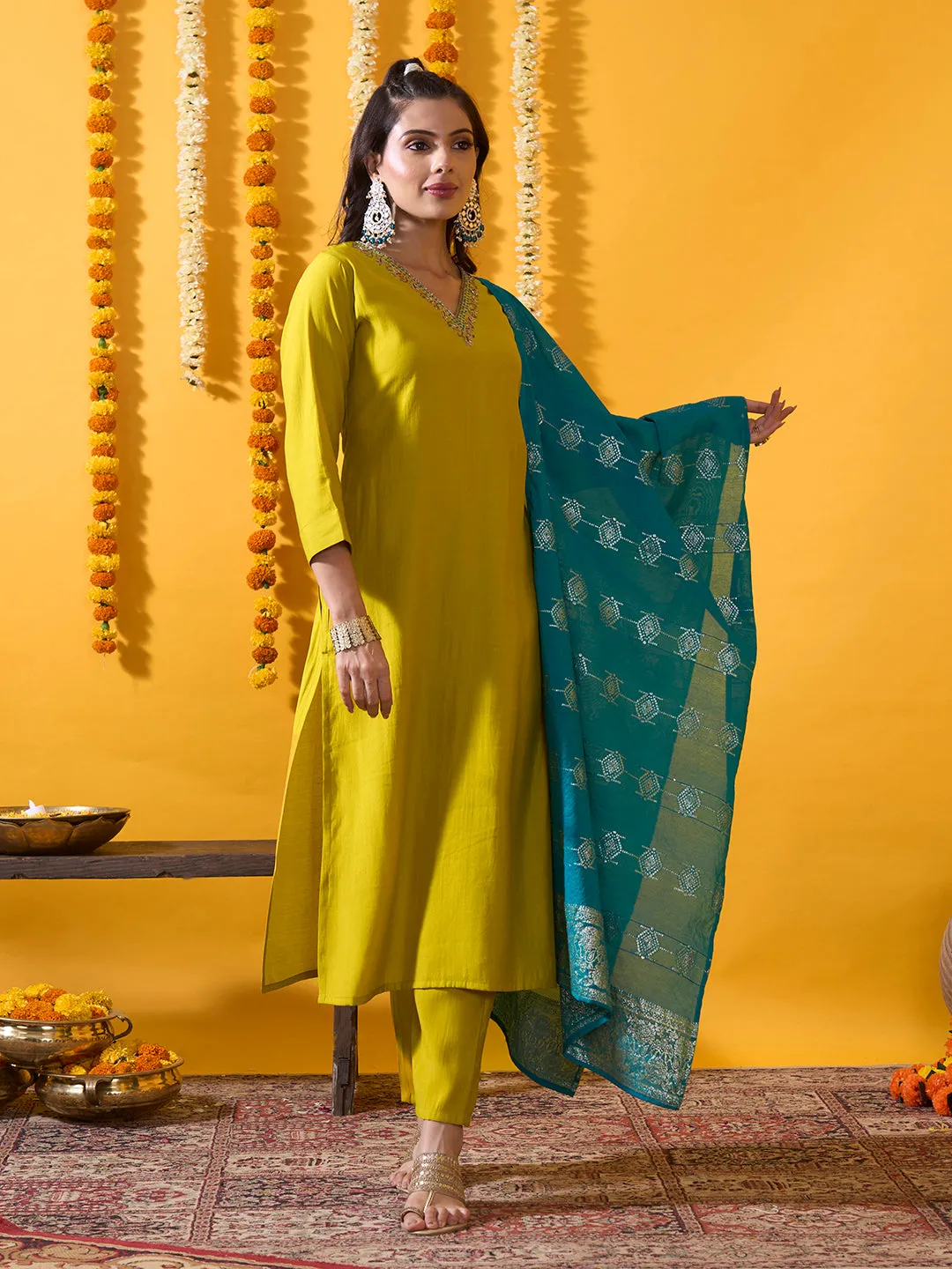 Mustard  Silk Suit Set with Contrast Dupatta - Zola
