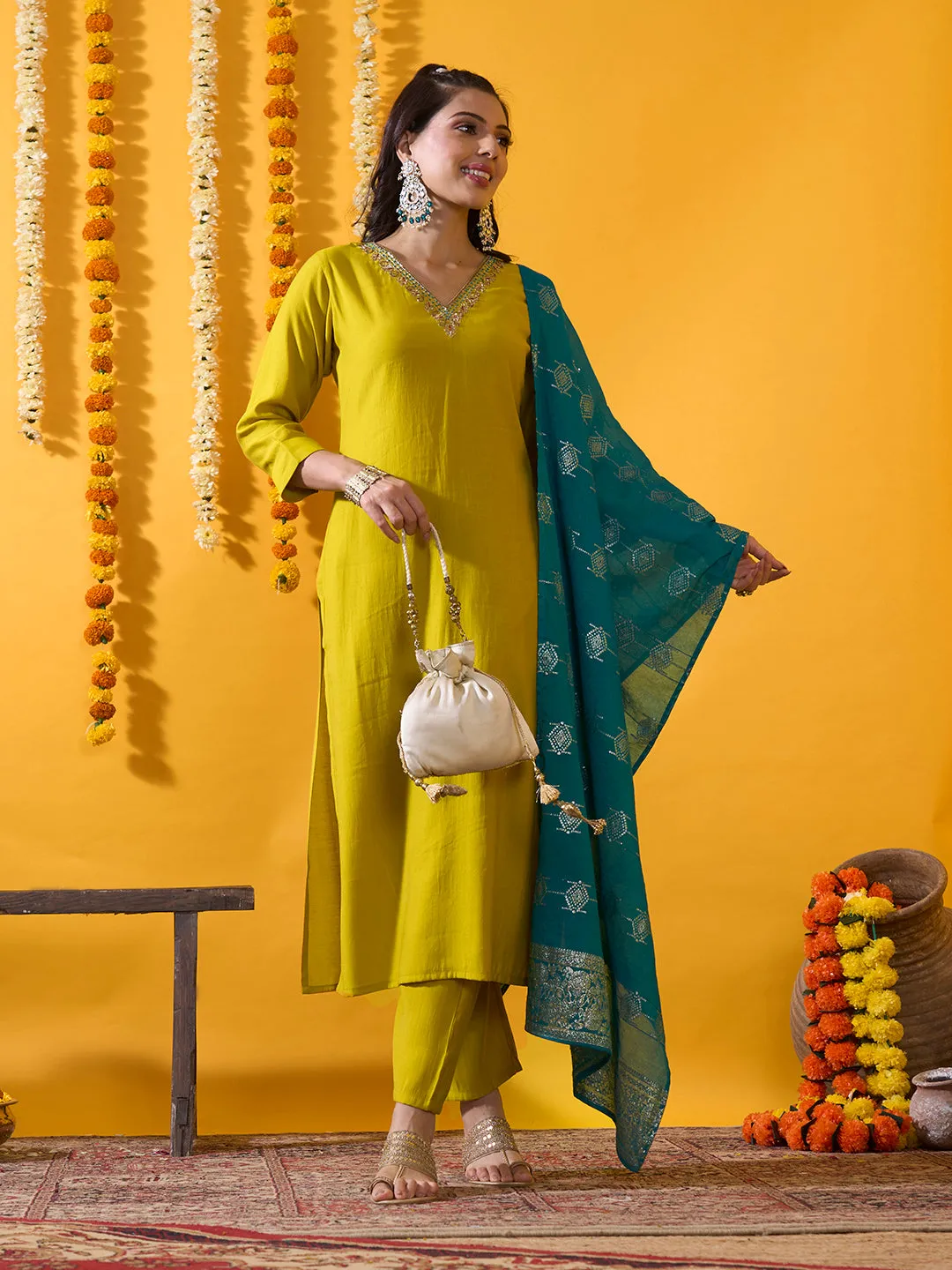 Mustard  Silk Suit Set with Contrast Dupatta - Zola