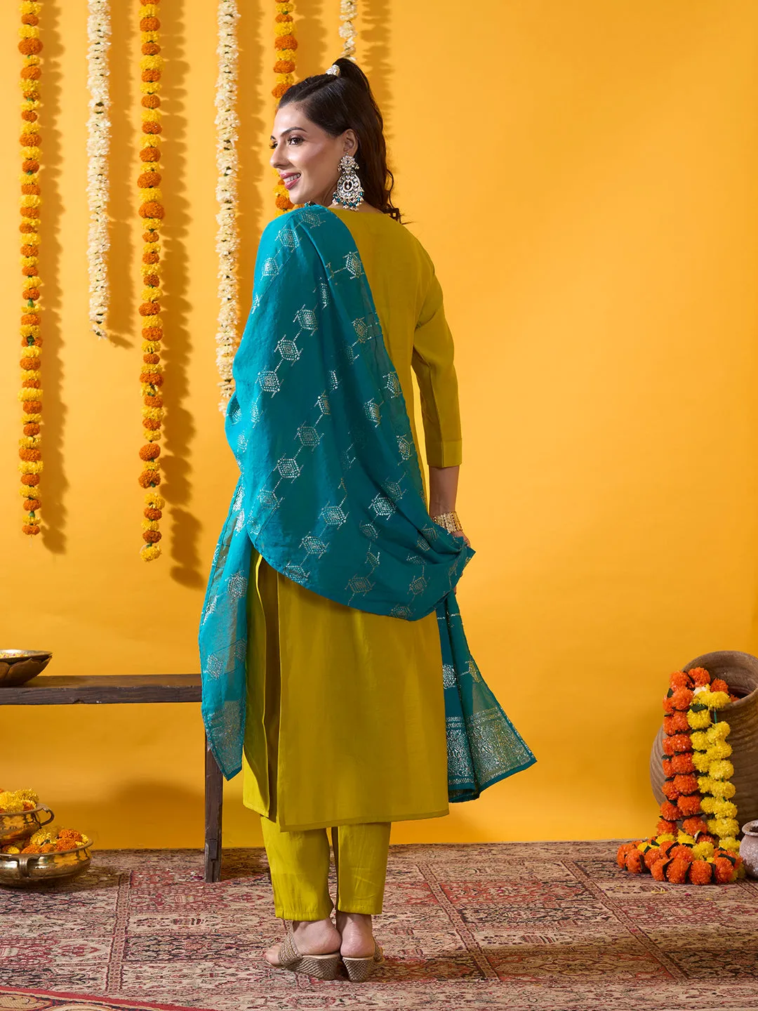 Mustard  Silk Suit Set with Contrast Dupatta - Zola