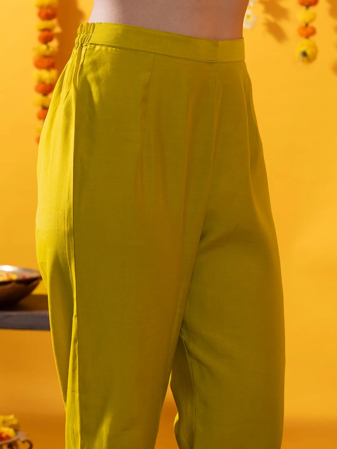 Mustard  Silk Suit Set with Contrast Dupatta - Zola