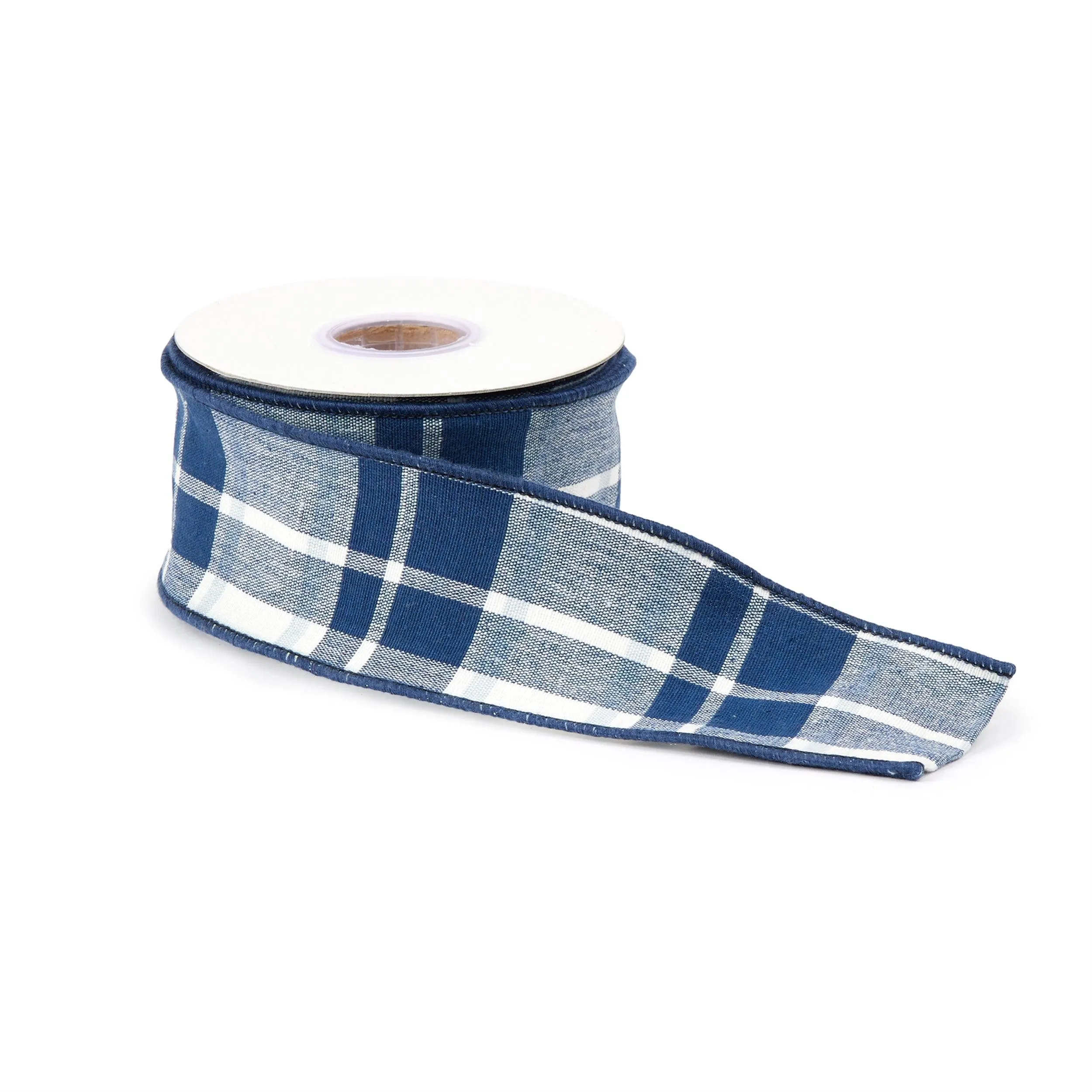 Navy Blue and White Plaid Wired Ribbon (Set of 2)