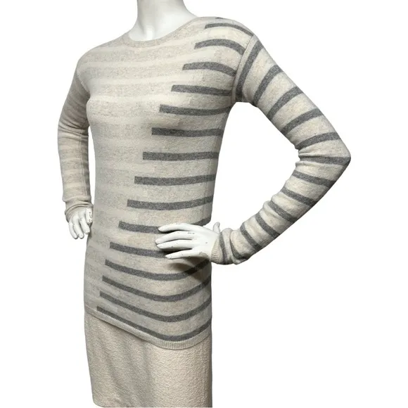 NEIMAN MARCUS 100% Cashmere Striped Pullover Sweater Heather Gray Vanilla XS
