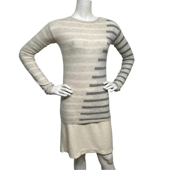 NEIMAN MARCUS 100% Cashmere Striped Pullover Sweater Heather Gray Vanilla XS