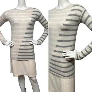 NEIMAN MARCUS 100% Cashmere Striped Pullover Sweater Heather Gray Vanilla XS