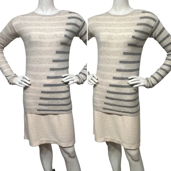 NEIMAN MARCUS 100% Cashmere Striped Pullover Sweater Heather Gray Vanilla XS