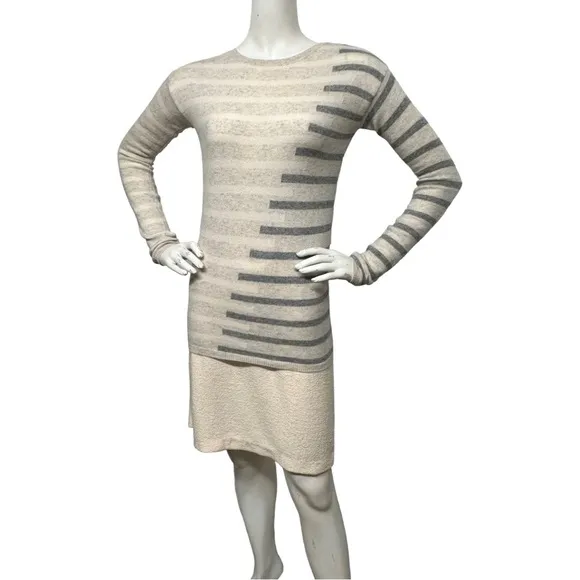 NEIMAN MARCUS 100% Cashmere Striped Pullover Sweater Heather Gray Vanilla XS