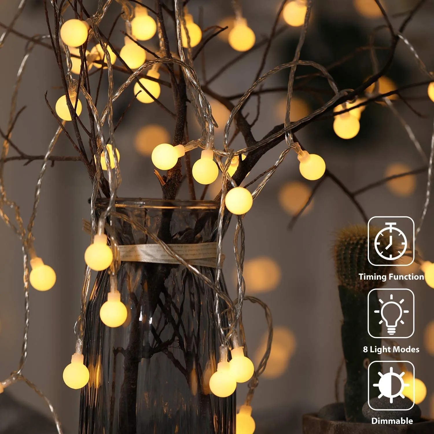 New 2 Pack 100 LED String Lights Outdoor Battery Operated, 2 x 49 Ft Fairy Globe String Lights Waterproof with 2 Remote Controls, 8 Modes & Timer! Warm White!