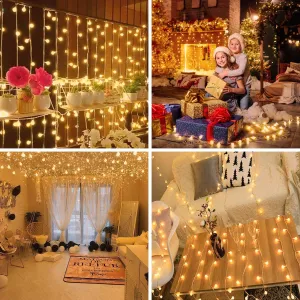 New 2 Pack 100 LED String Lights Outdoor Battery Operated, 2 x 49 Ft Fairy Globe String Lights Waterproof with 2 Remote Controls, 8 Modes & Timer! Warm White!