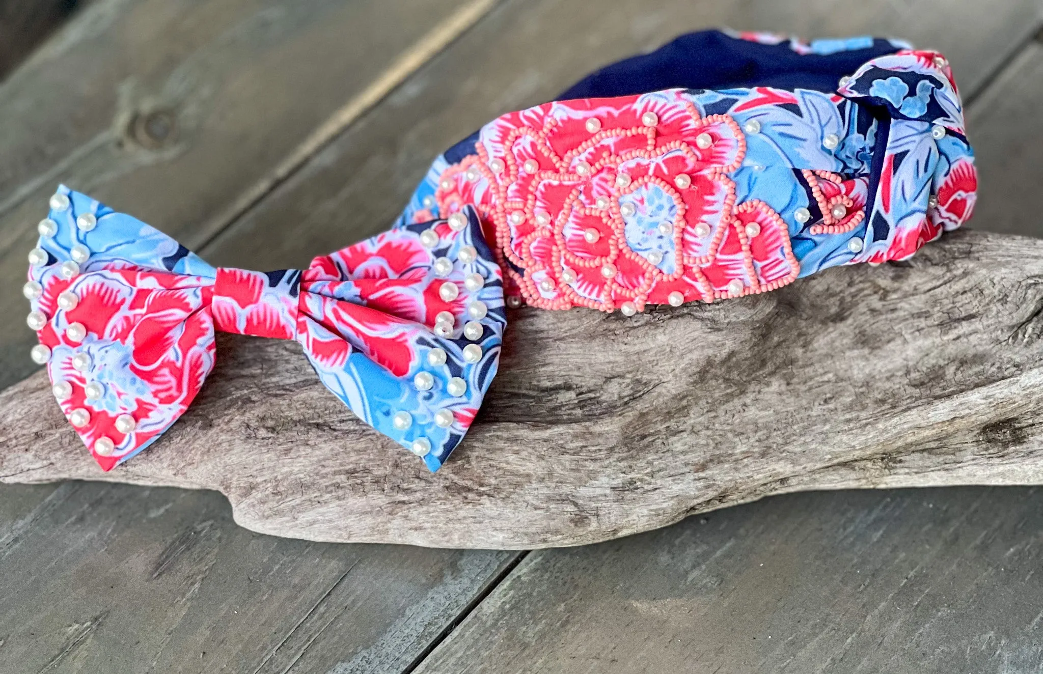 Patriotic Chinoiserie Floral Beaded Headband - OBX Prep Exclusive