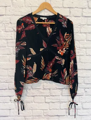 PATRONS OF PEACE Womens Multicolor Floral Blouse Sz M Crochet Tie Sleeves Boho