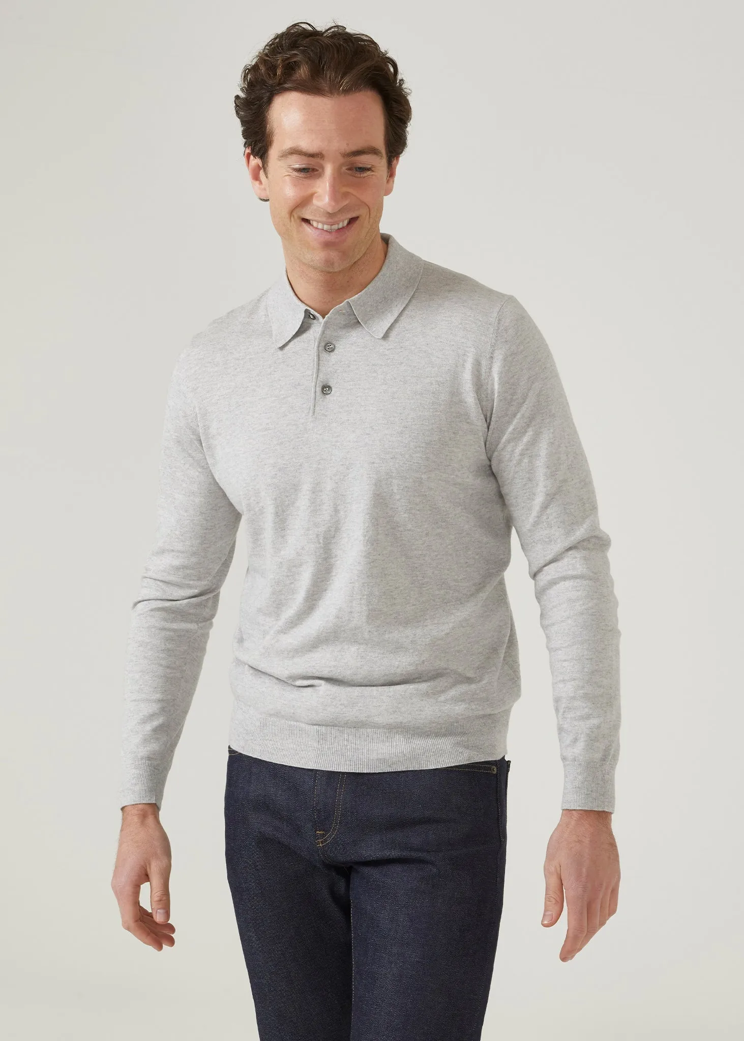 Pentlow Luxury Cotton Long Sleeve Polo Shirt In Dove