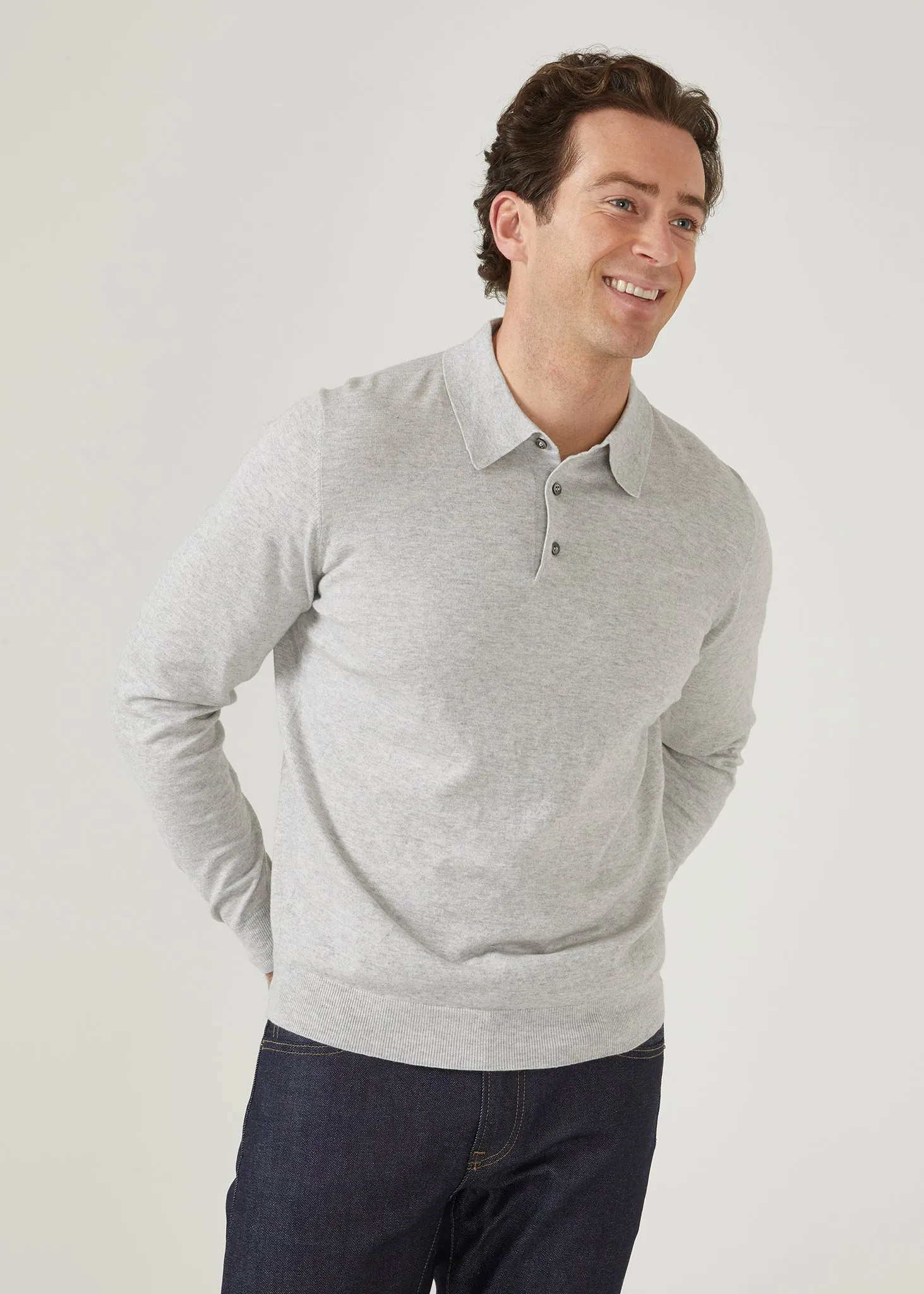Pentlow Luxury Cotton Long Sleeve Polo Shirt In Dove