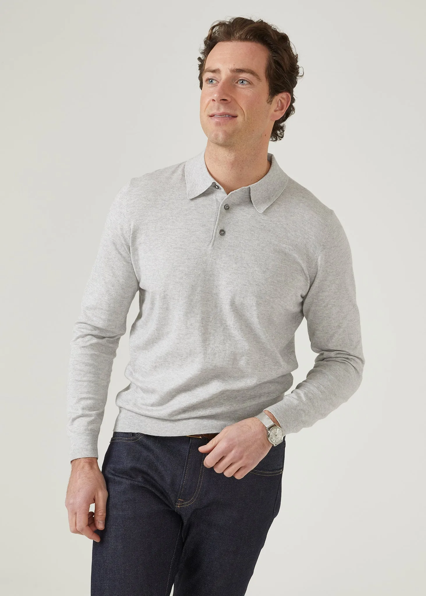 Pentlow Luxury Cotton Long Sleeve Polo Shirt In Dove
