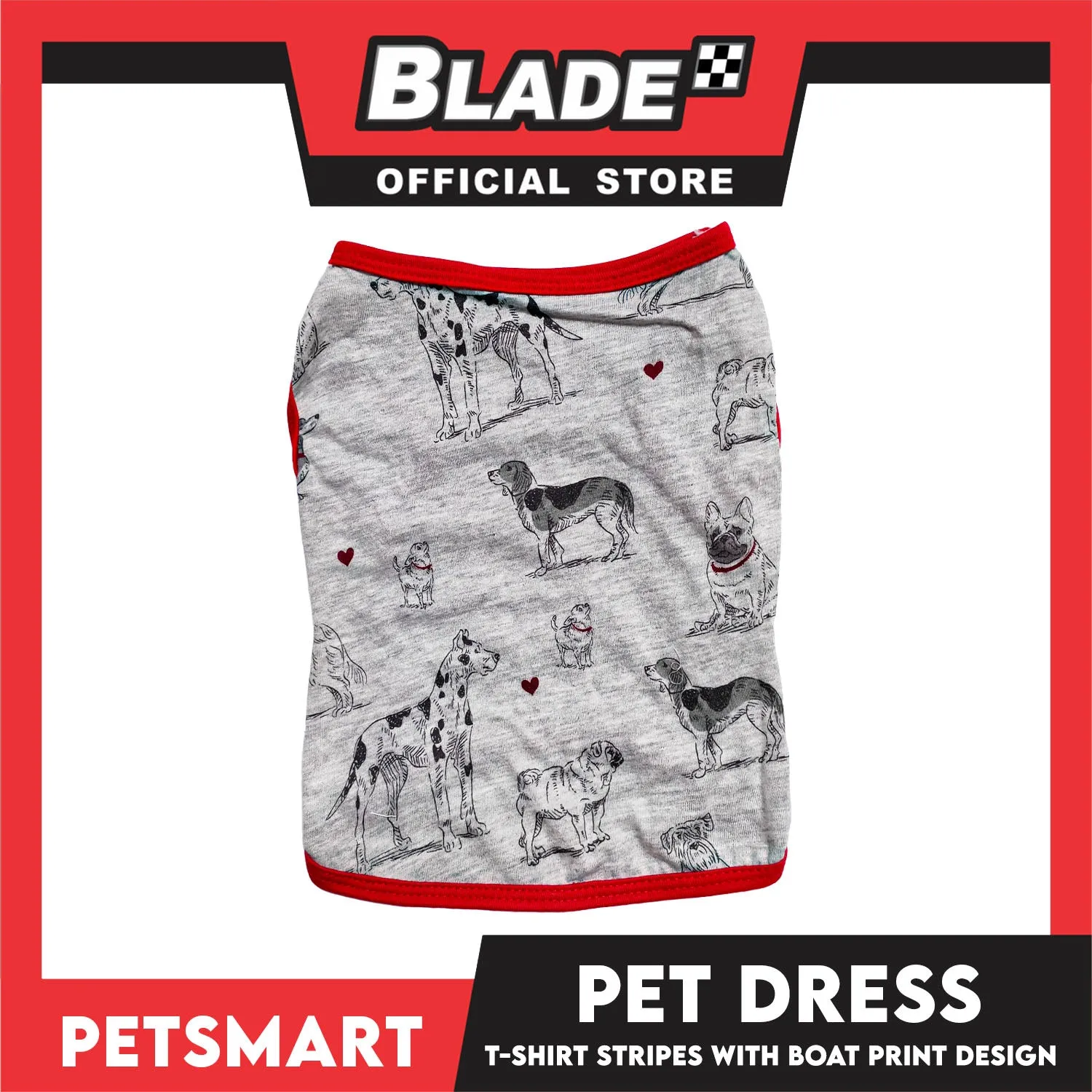 Pet Sando Dog Print Design With Red Piping, Gray Color DG-CTN107M (Medium) Perfect Fit For Dogs, Breathable Clothes, Soft Lightweight Pet Clothing