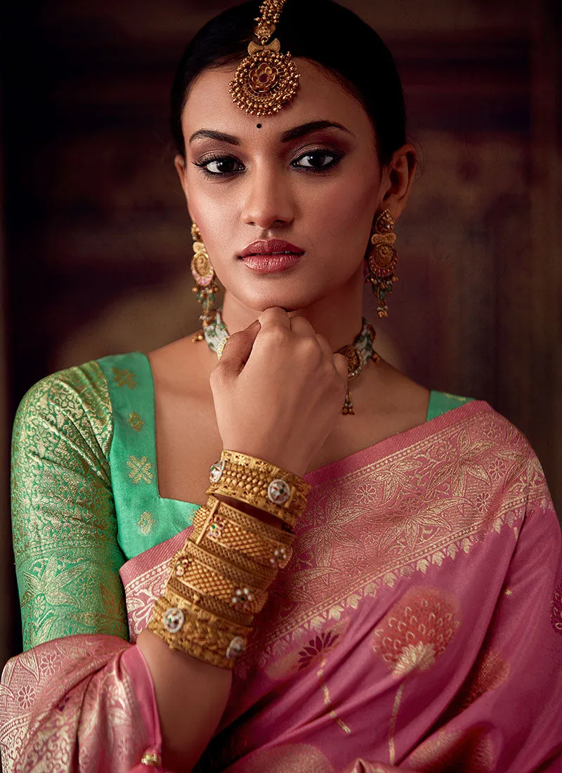 Pink And Green Zari Weaved Banarasi Crape Georgette Saree