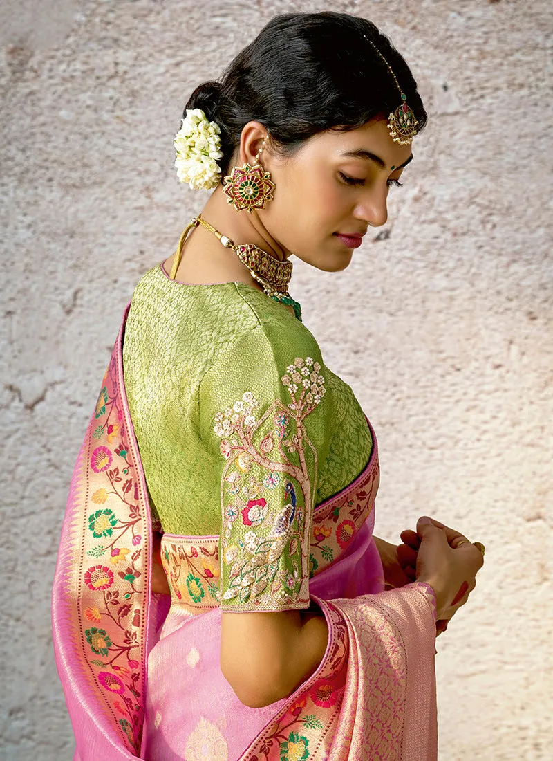 Pink And Lime Green Floral Kora Banarasi Silk Saree
