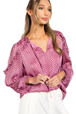 Polkadot Pattern Drawstring Blouse in Bubble Pink