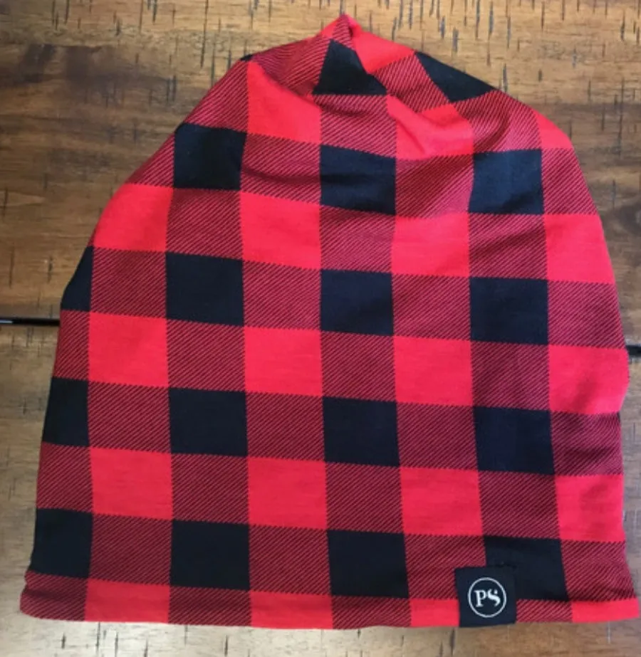 Pretty Simple Messy Bun Beanie (Red/Black Buffalo Plaid)